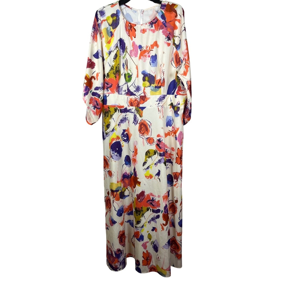 Abstract Floral Maxi Dress‎ Long Sleeve Round Neck Painterly Print Cream Multi